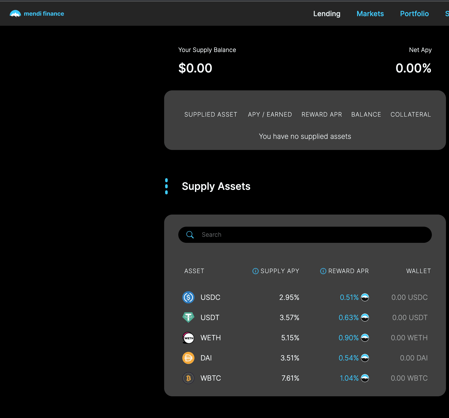 Lending assets using the protocol Mendi Finance. 